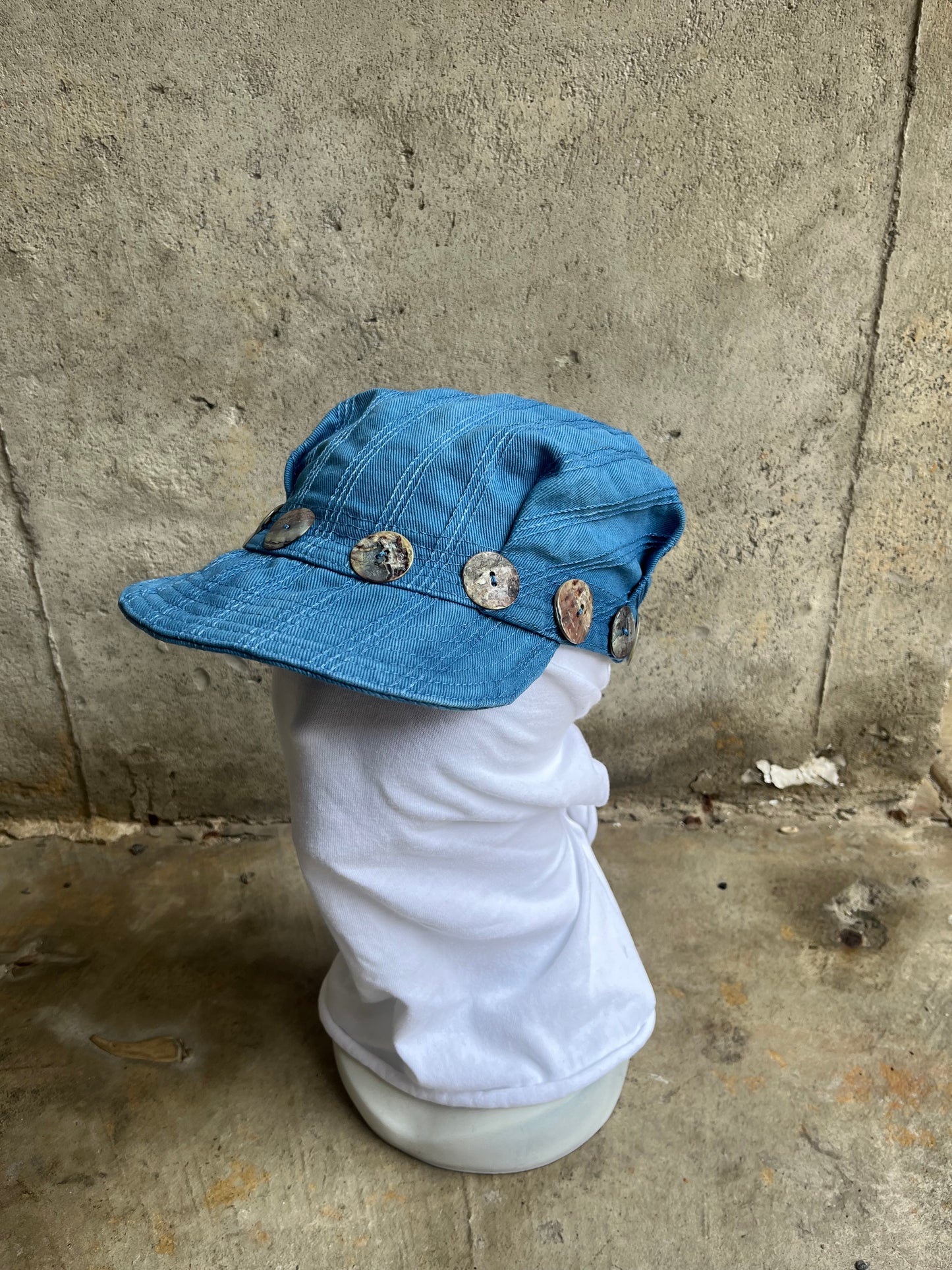 Pleated Mechanics Cap - Triple Chainstitch Pinstripe Indigo Dyed Denim