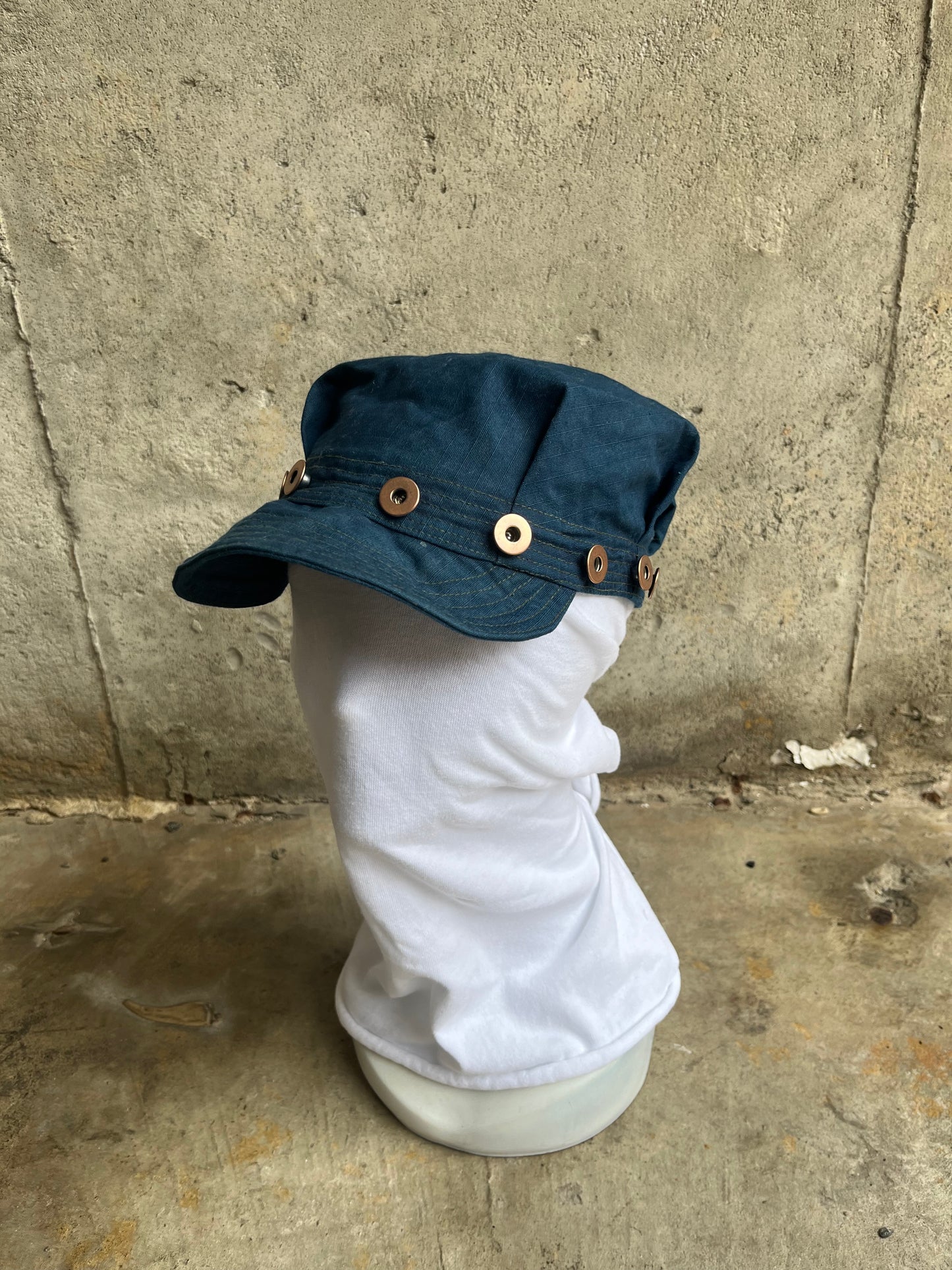 Pleated Mechanics Cap - Indigo Dyed Cotton Ripstop with Copper Buttons