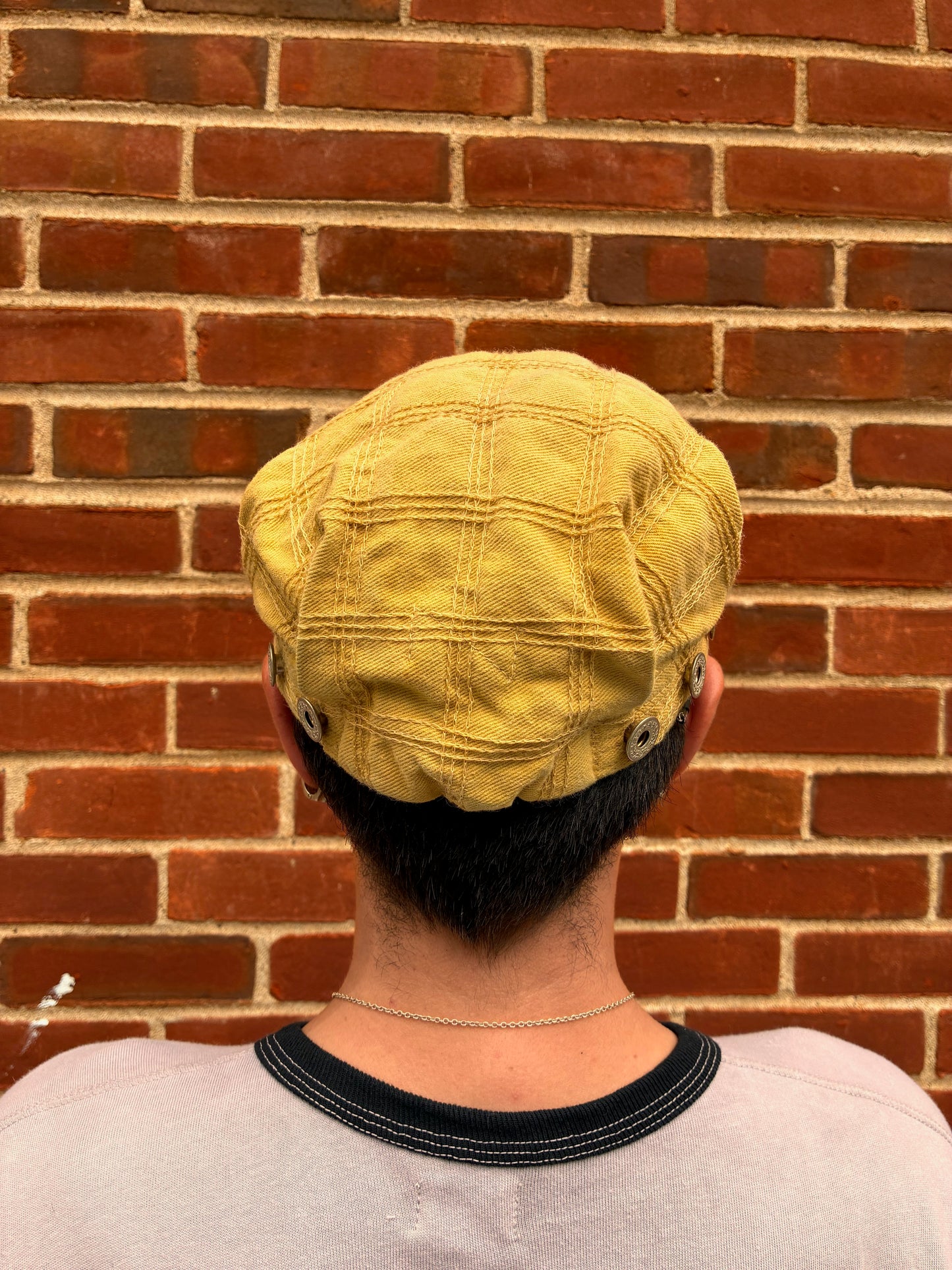 Pleated Mechanics Cap - Triple Chainstitch Grid Turmeric + Rust Dyed Denim Cap/Ripstop Camo Brim