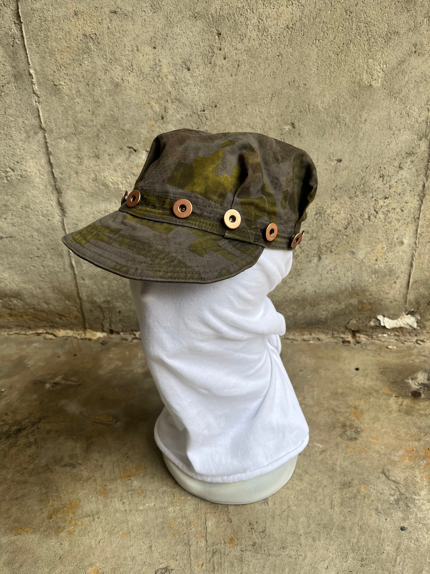 Pleated Mechanics Cap - 2 Layer Digi-Camo Cotton Ripstop Copper Buttons dyed with Black Tea + Rust