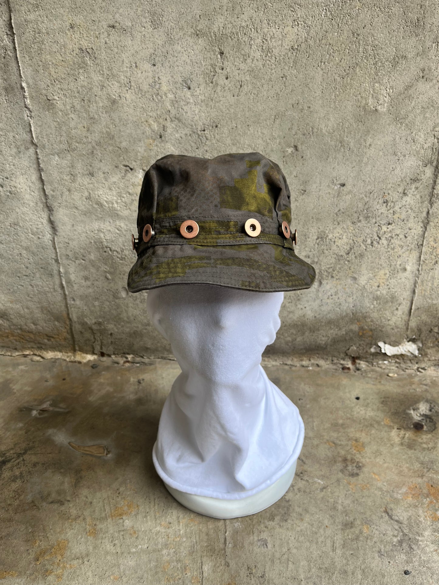 Pleated Mechanics Cap - 2 Layer Digi-Camo Cotton Ripstop Copper Buttons dyed with Black Tea + Rust
