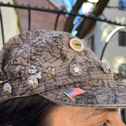 Charmed 1/1 Pleated Mechanics Hat - Printed Denim Dyed with Black Tea & Rust