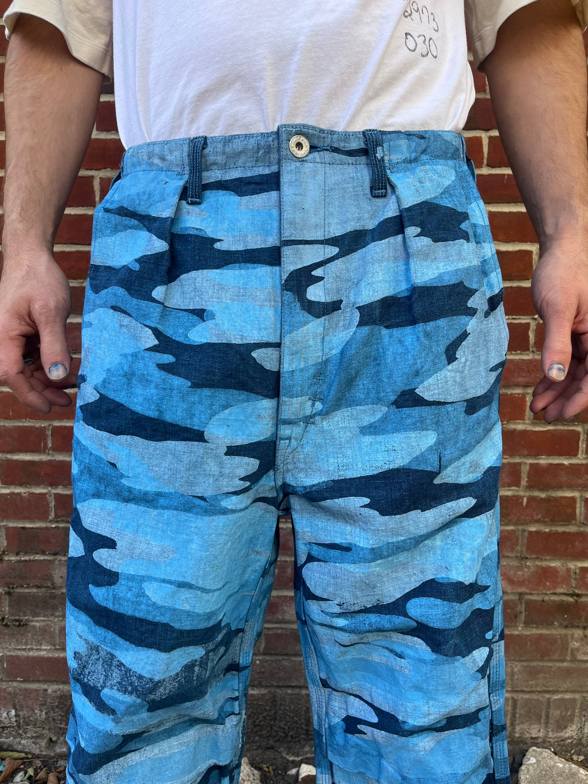 Crease Pants - Ice Cold Woodland Camo Chambray Dyed With Indigo