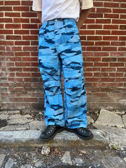 Crease Pants - Ice Cold Woodland Camo Chambray Dyed With Indigo