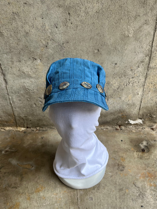 Pleated Mechanics Cap - Triple Chainstitch Pinstripe Indigo Dyed Denim