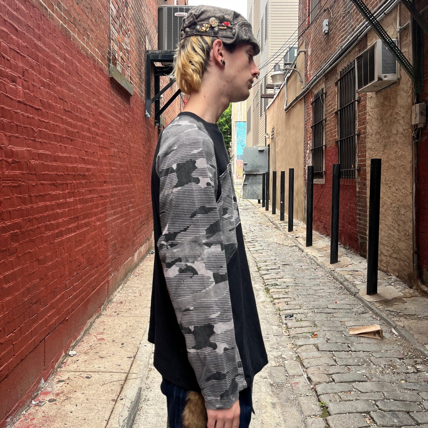 Paneled Raglan Long Sleeve Tee - Black Tea Cotton Mapped Mono Camo