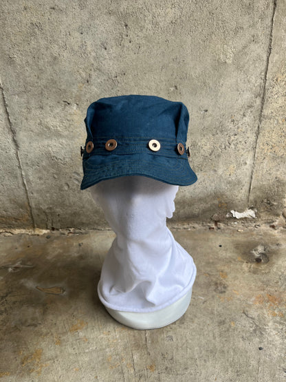 Pleated Mechanics Cap - Indigo Dyed Cotton Ripstop with Copper Buttons