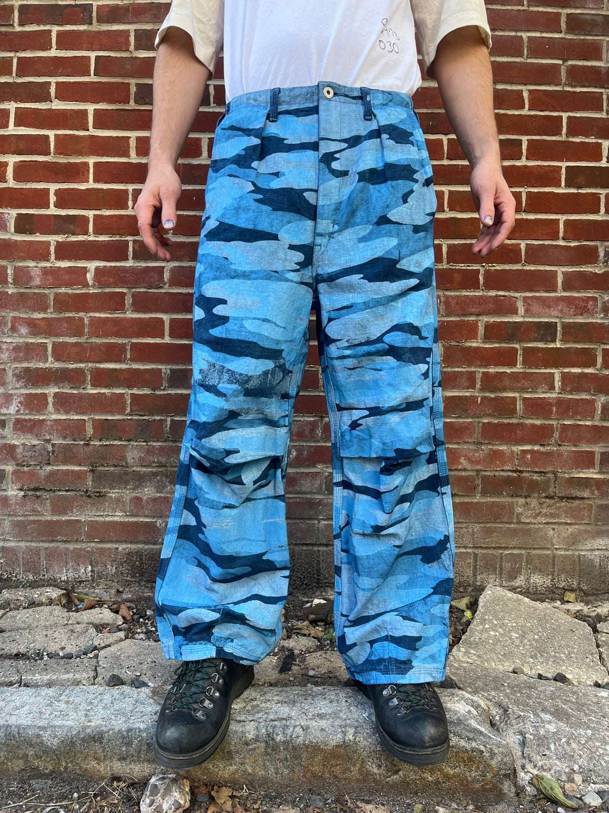 Crease Pants - Ice Cold Woodland Camo Chambray Dyed With Indigo