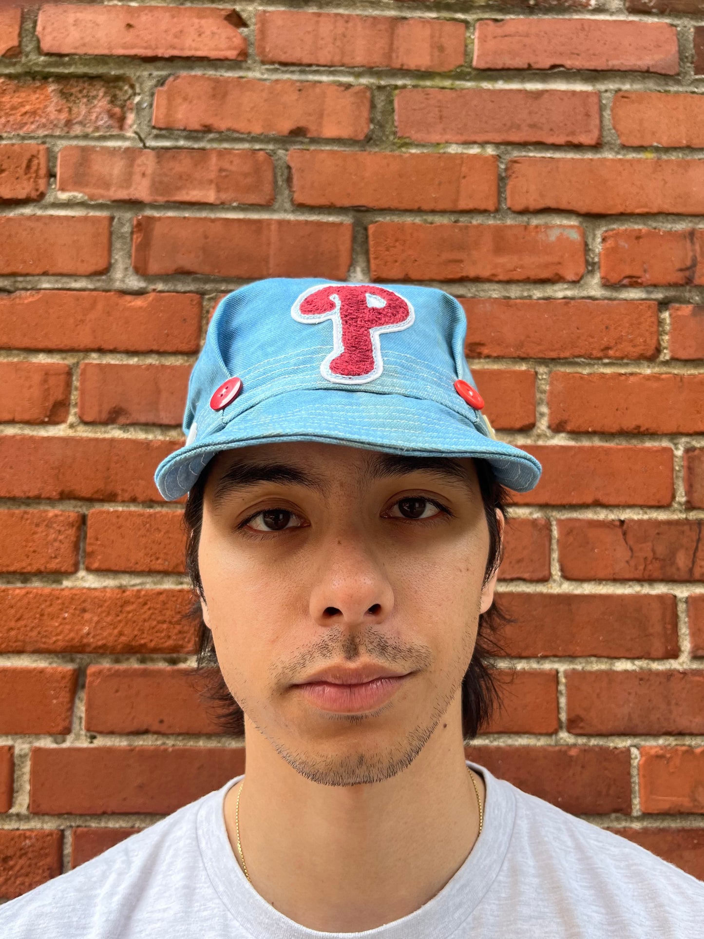 Pleated Mechanics Cap - Indigo & Persimmon Stripe "P"