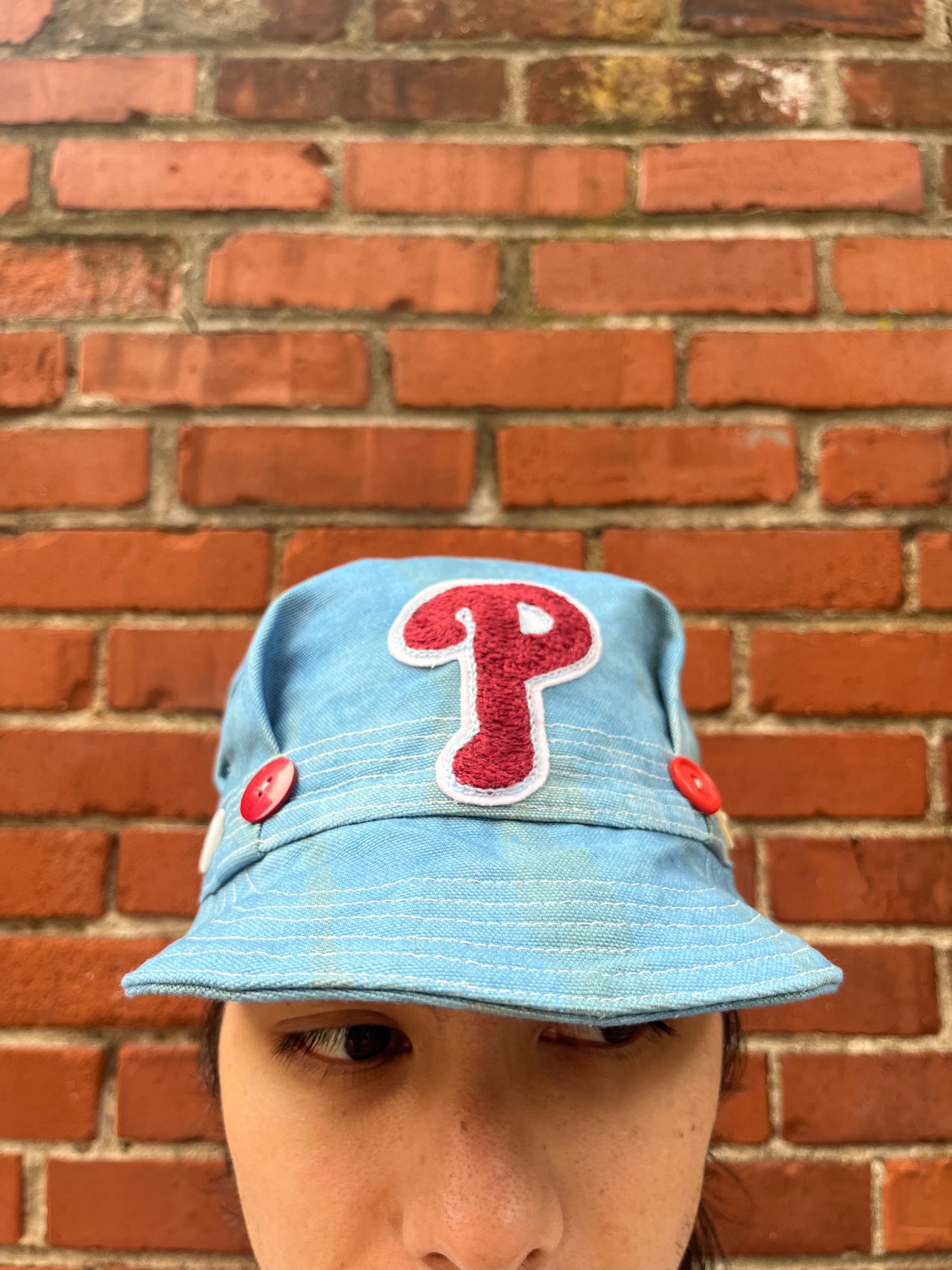 Pleated Mechanics Cap - Indigo & Persimmon Stripe "P"