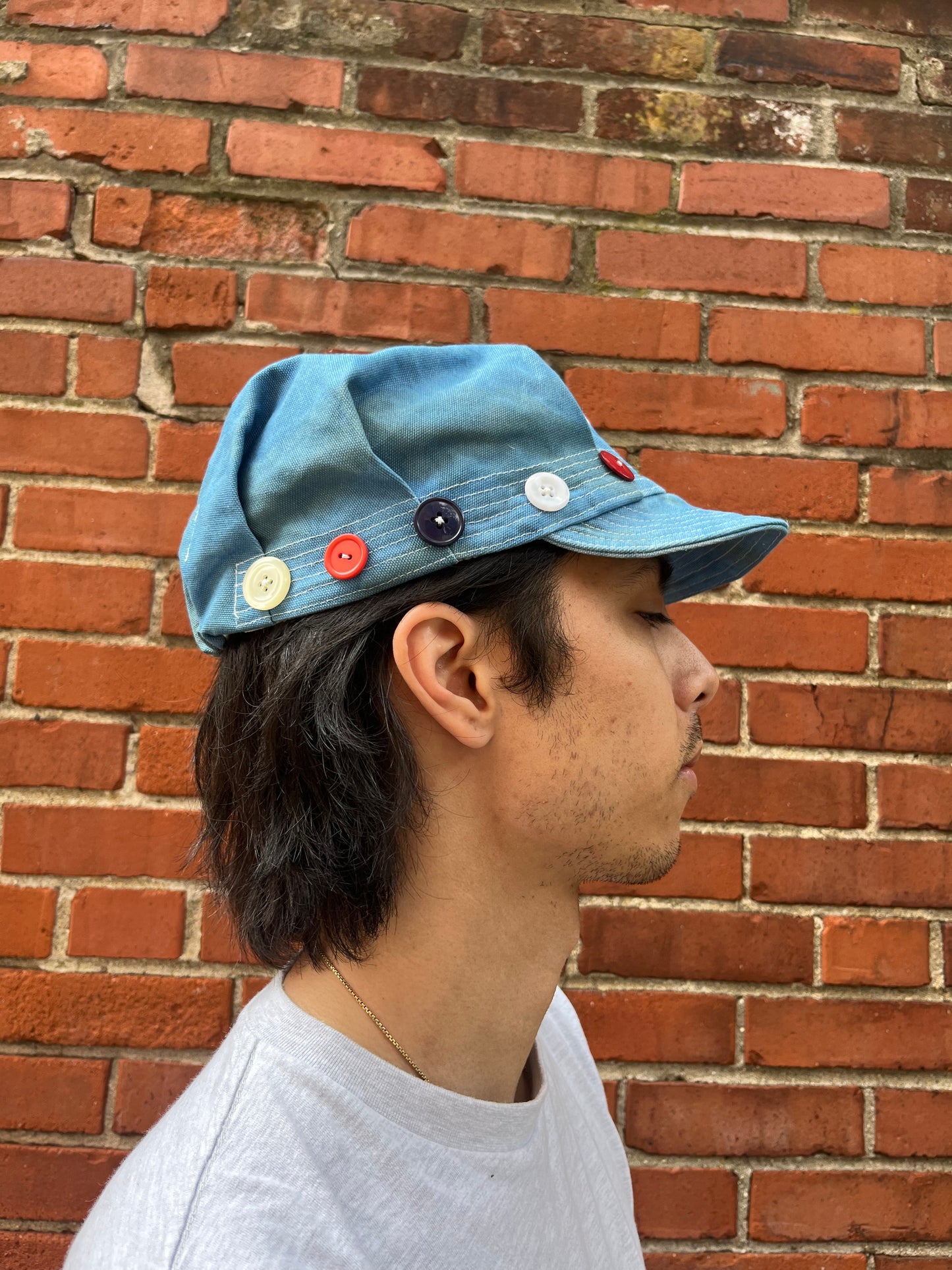 Pleated Mechanics Cap - Indigo & Persimmon Stripe "P"