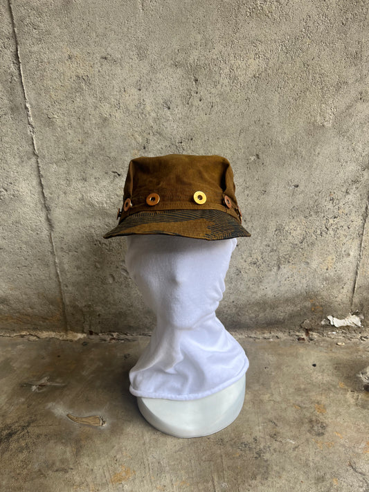 Pleated Mechanics Cap - Turmeric + Rust Dyed Cotton Ripstop with Mono Camo Print Brim & Copper Buttons