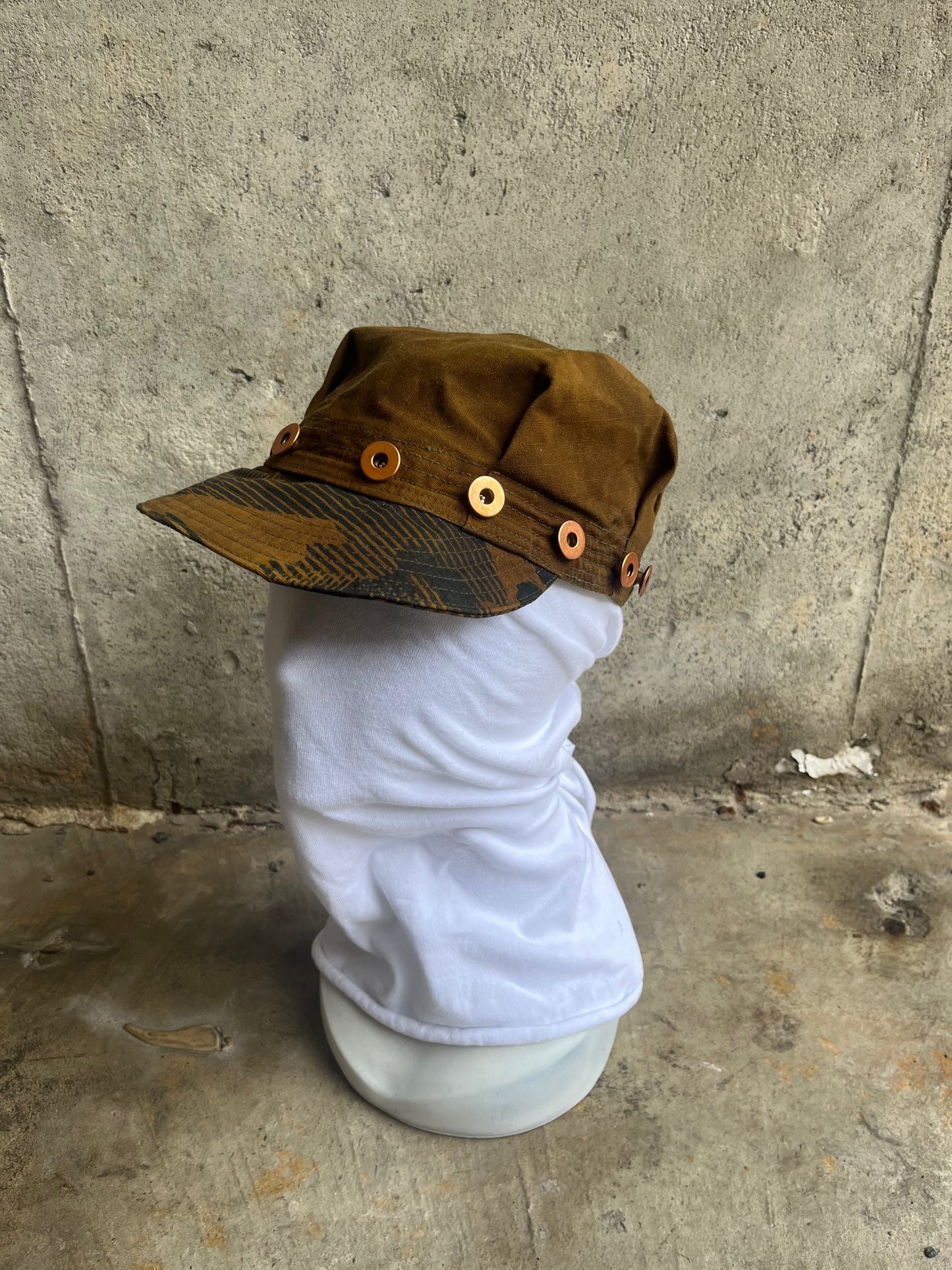 Pleated Mechanics Cap - Turmeric + Rust Dyed Cotton Ripstop with Mono Camo Print Brim & Copper Buttons
