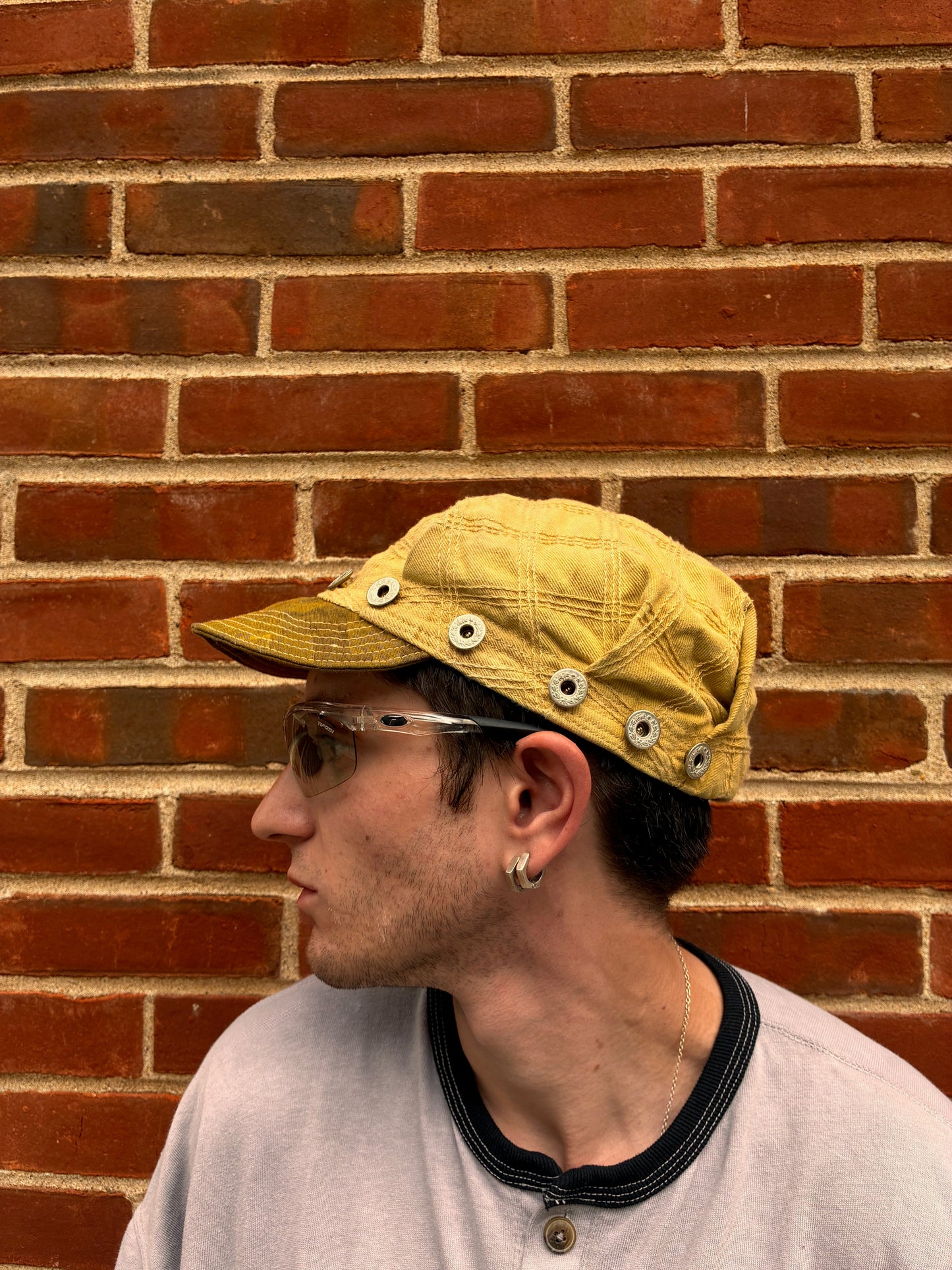 Pleated Mechanics Cap - Triple Chainstitch Grid Turmeric + Rust Dyed Denim Cap/Ripstop Camo Brim
