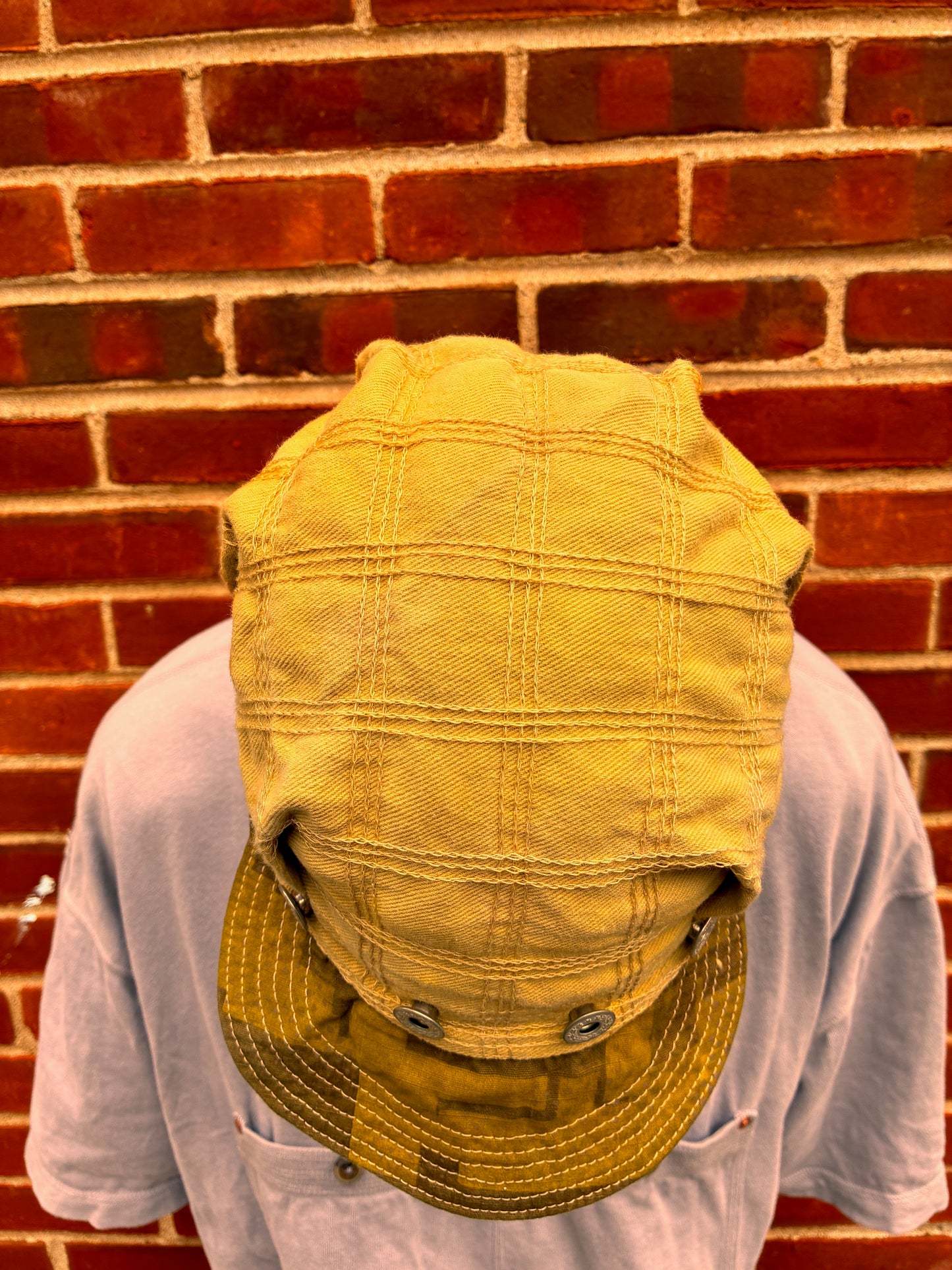 Pleated Mechanics Cap - Triple Chainstitch Grid Turmeric + Rust Dyed Denim Cap/Ripstop Camo Brim