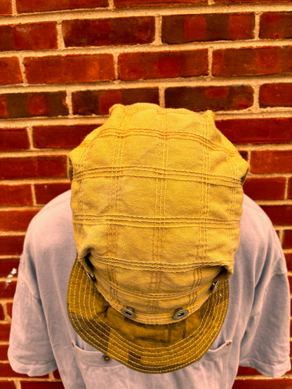 Pleated Mechanics Cap - Triple Chainstitch Grid Turmeric + Rust Dyed Denim Cap/Ripstop Camo Brim