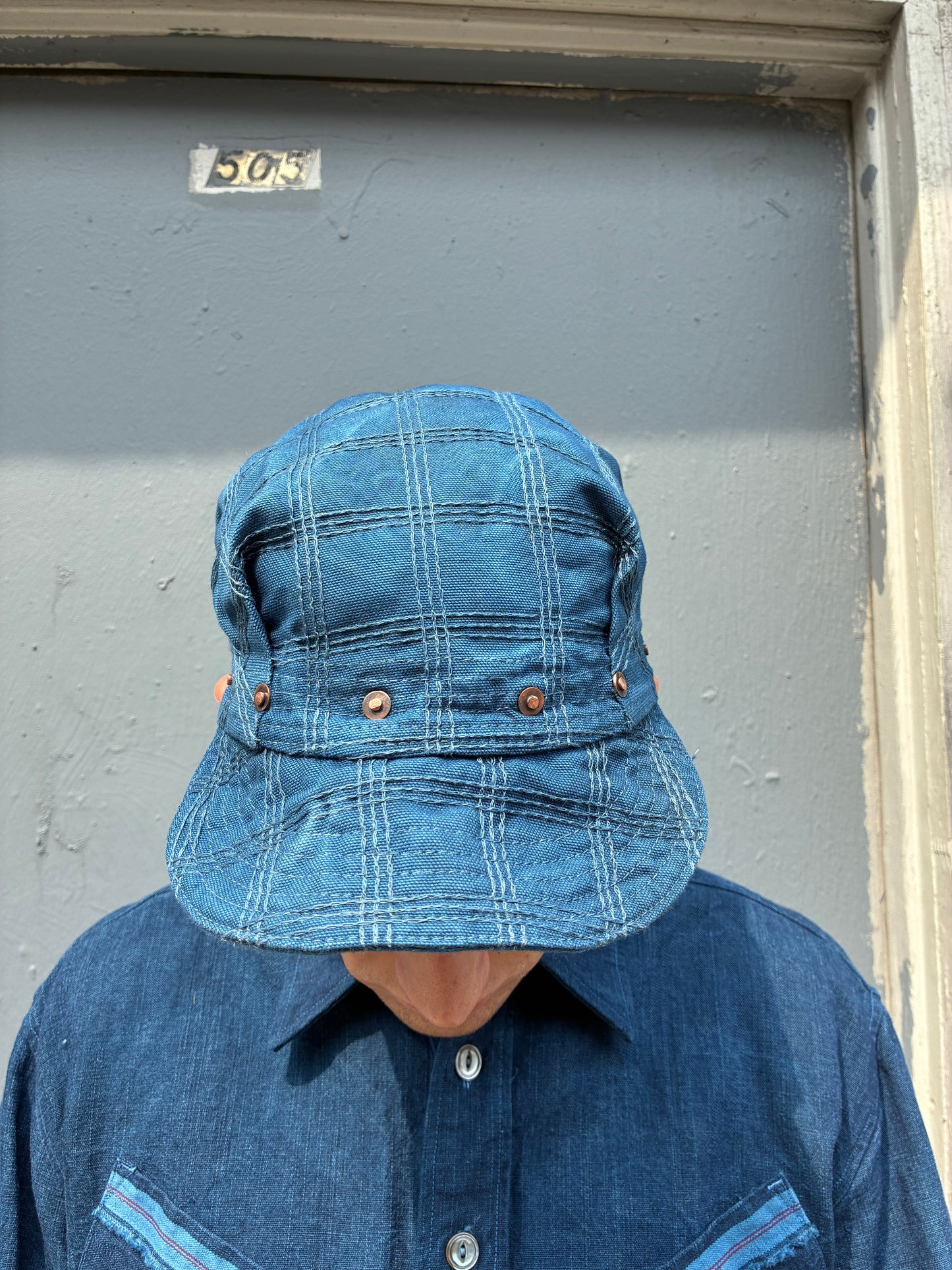 Pleated Mechanics Cap - Triple Chainstitch Grid Indigo and Black Tea Dyed Canvas Cap