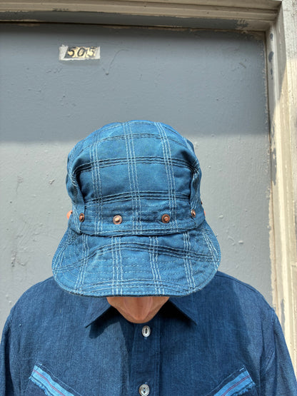 Pleated Mechanics Cap - Triple Chainstitch Grid Indigo and Black Tea Dyed Canvas Cap