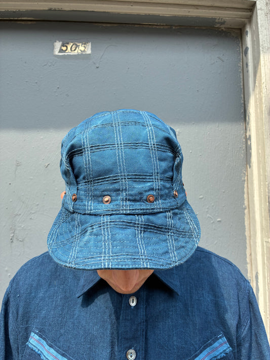 Pleated Mechanics Cap - Triple Chainstitch Grid Indigo and Black Tea Dyed Canvas Cap