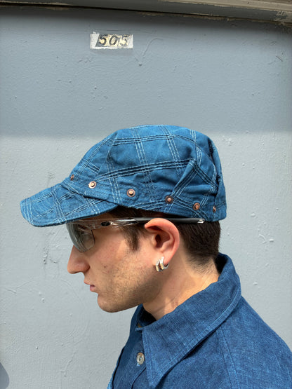 Pleated Mechanics Cap - Triple Chainstitch Grid Indigo and Black Tea Dyed Canvas Cap