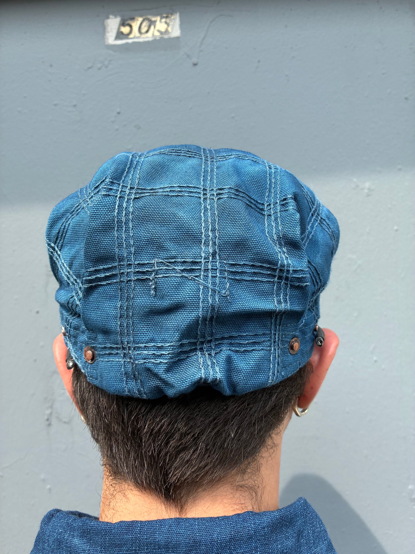 Pleated Mechanics Cap - Triple Chainstitch Grid Indigo and Black Tea Dyed Canvas Cap