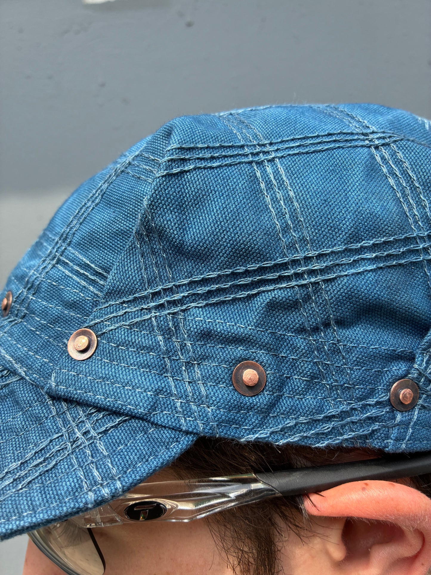 Pleated Mechanics Cap - Triple Chainstitch Grid Indigo and Black Tea Dyed Canvas Cap