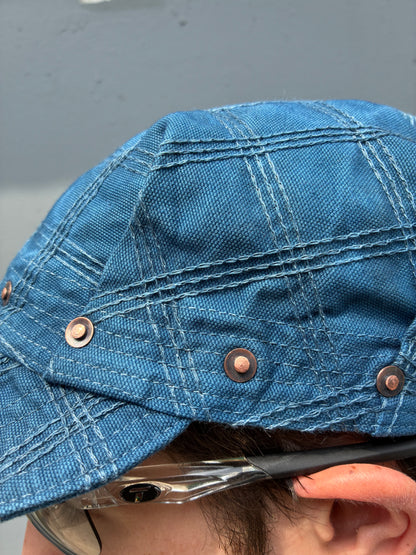 Pleated Mechanics Cap - Triple Chainstitch Grid Indigo and Black Tea Dyed Canvas Cap