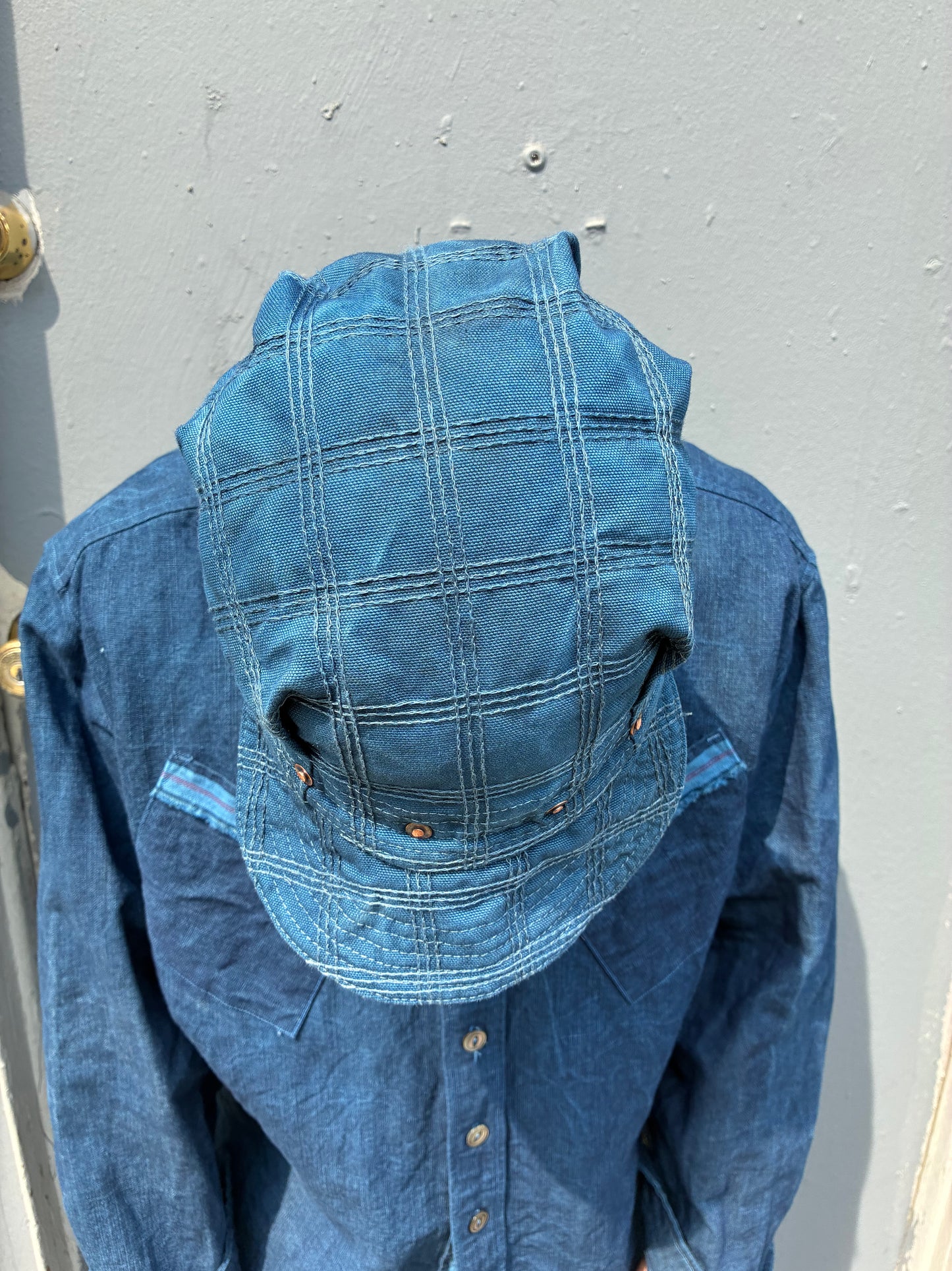Pleated Mechanics Cap - Triple Chainstitch Grid Indigo and Black Tea Dyed Canvas Cap