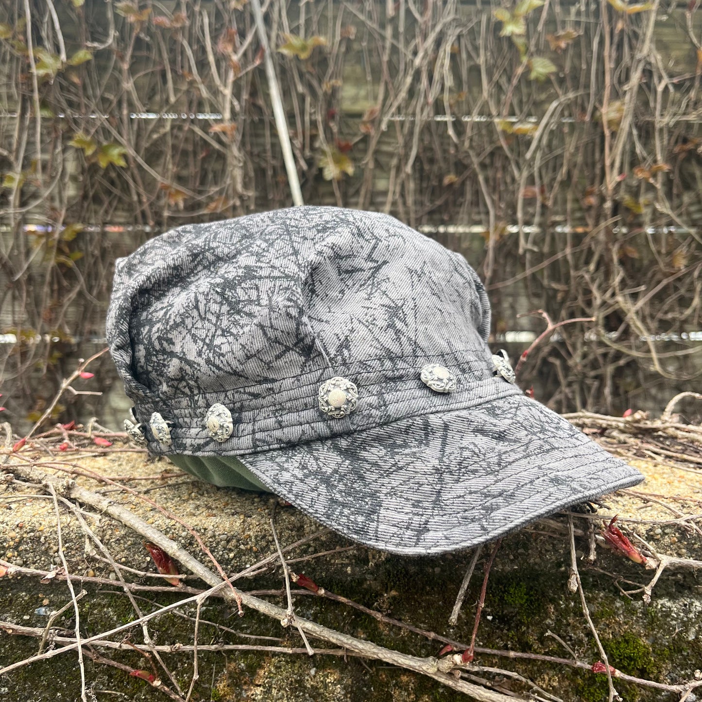 Pleated Mechanics Hat - Printed Denim Dyed with Black Tea & Rust