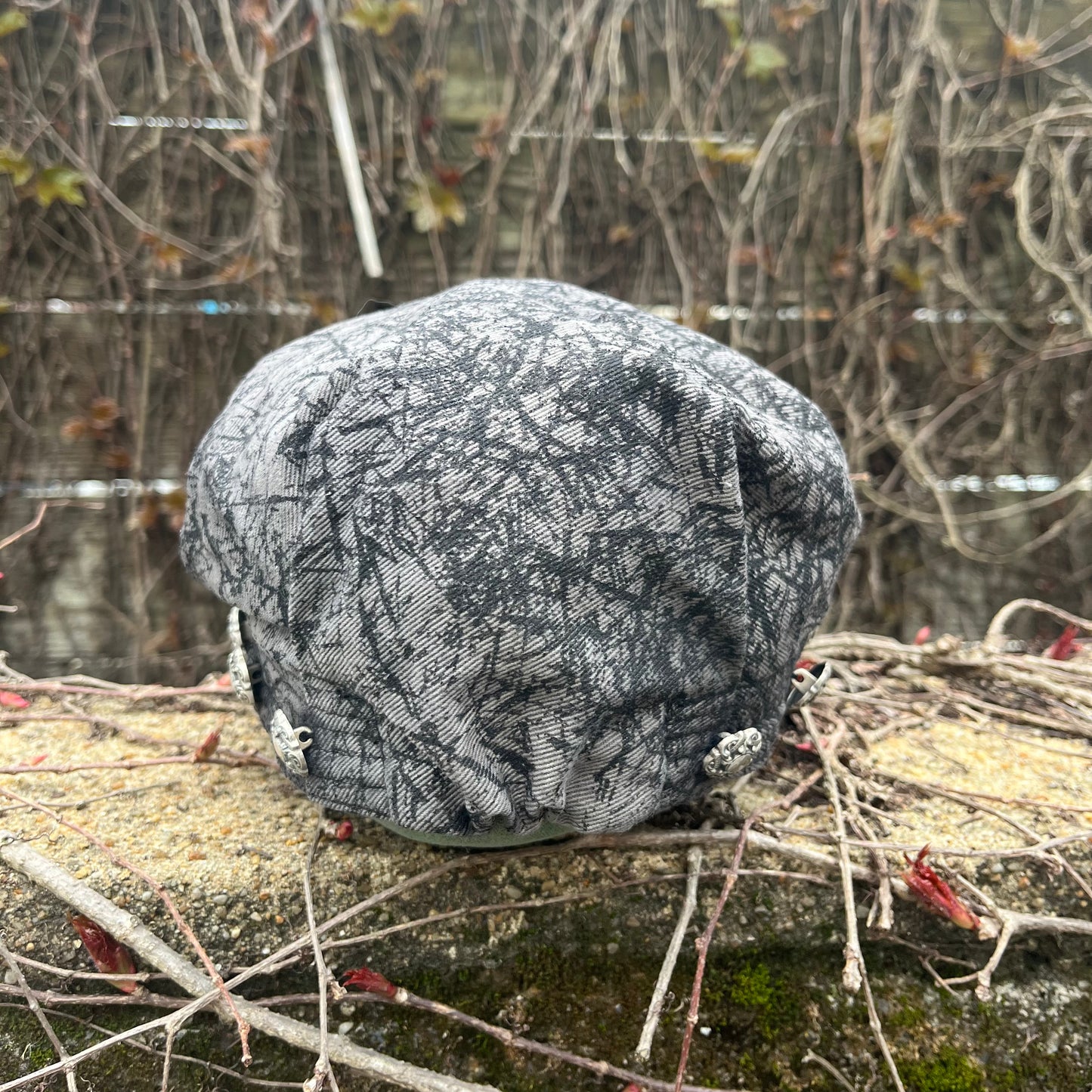 Pleated Mechanics Hat - Printed Denim Dyed with Black Tea & Rust