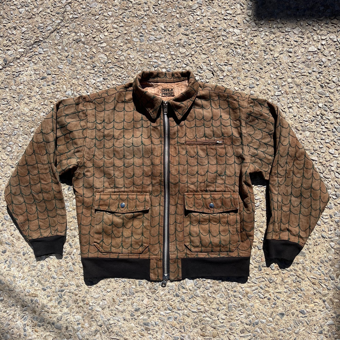 Infrequent Flyer Jacket Lined - Persimmon 12oz Fishnet Green Chainstitch Denim