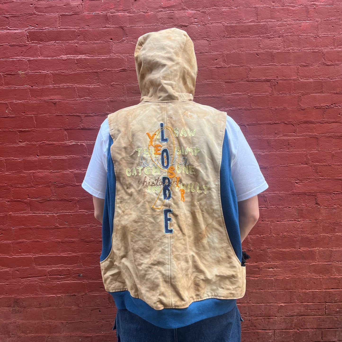 Synch Vest - Persimmon Canvas With Chainstitch Text Smear #2