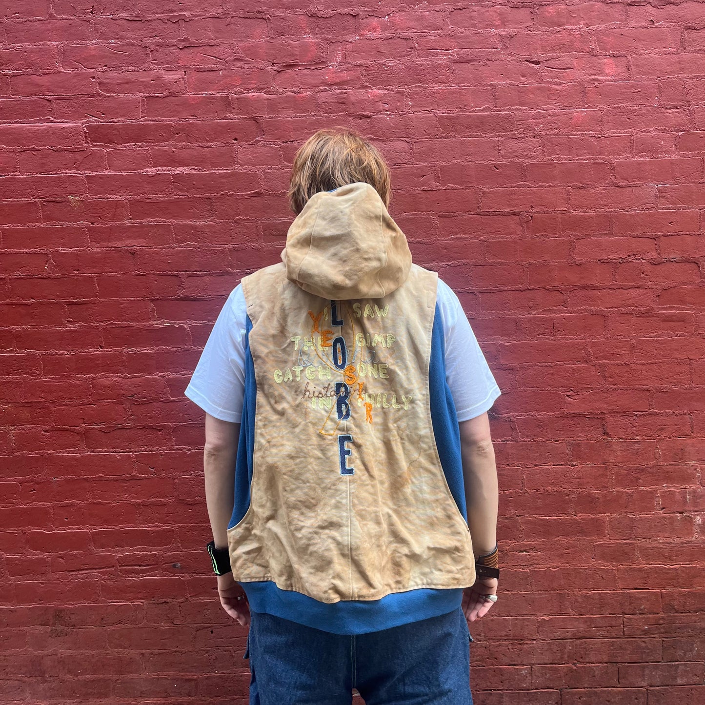 Synch Vest - Persimmon Canvas With Chainstitch Text Smear #2