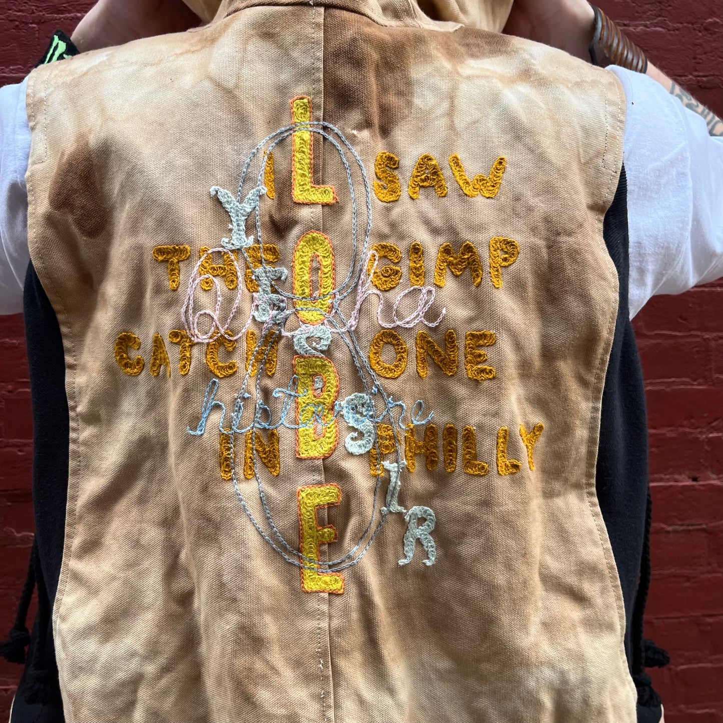 Synch Vest - Persimmon Canvas With Chainstitch Text Smear #1