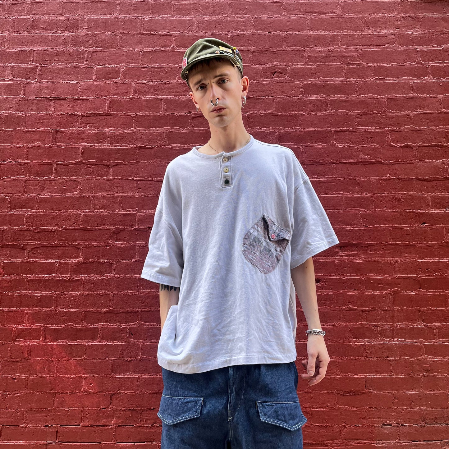 Wonky Pocket Gigantic Henley T-Shirt - Acorn + Rust