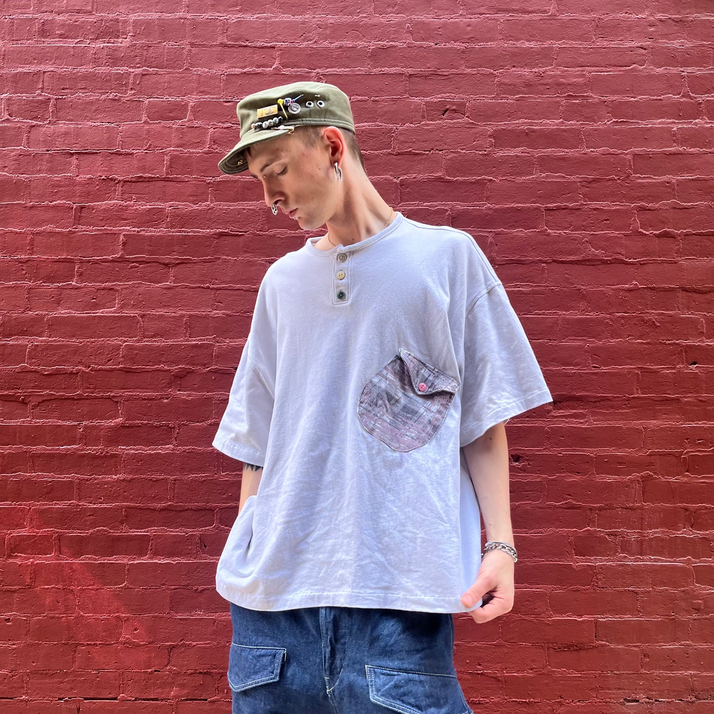 Wonky Pocket Gigantic Henley T-Shirt - Acorn + Rust