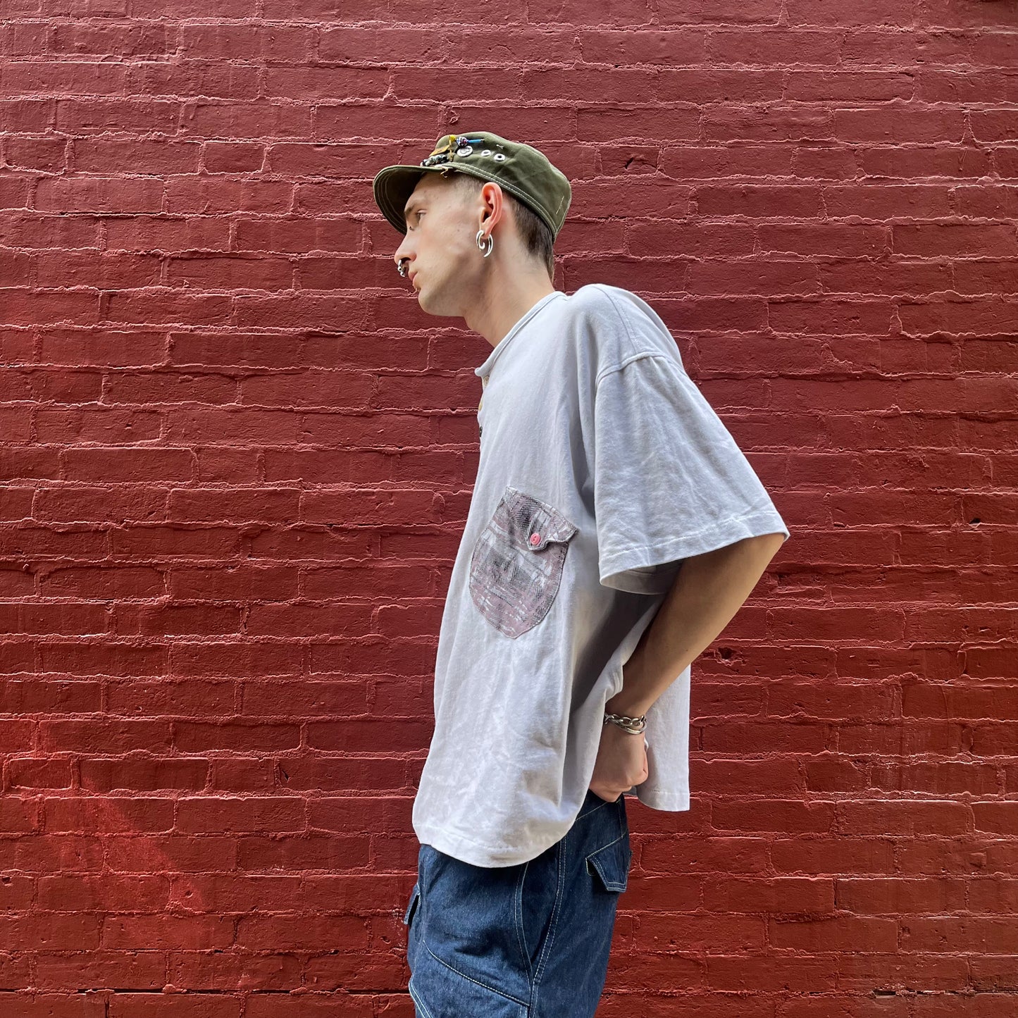 Wonky Pocket Gigantic Henley T-Shirt - Acorn + Rust