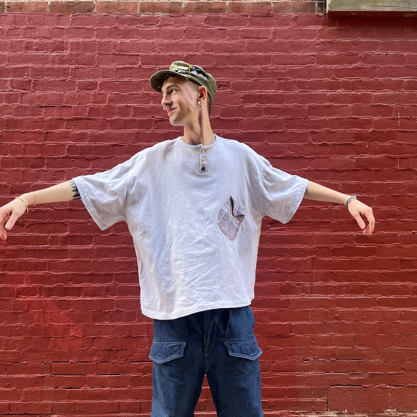 Wonky Pocket Gigantic Henley T-Shirt - Acorn + Rust