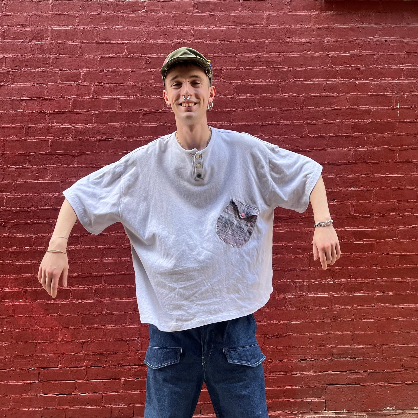 Wonky Pocket Gigantic Henley T-Shirt - Acorn + Rust