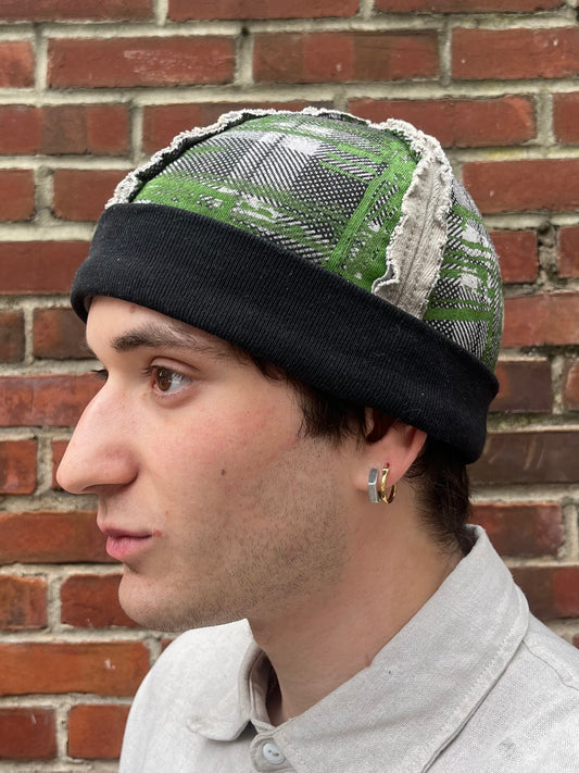 Crazy Plaid Knit Cap - Green - Black Tea + Rust Dye