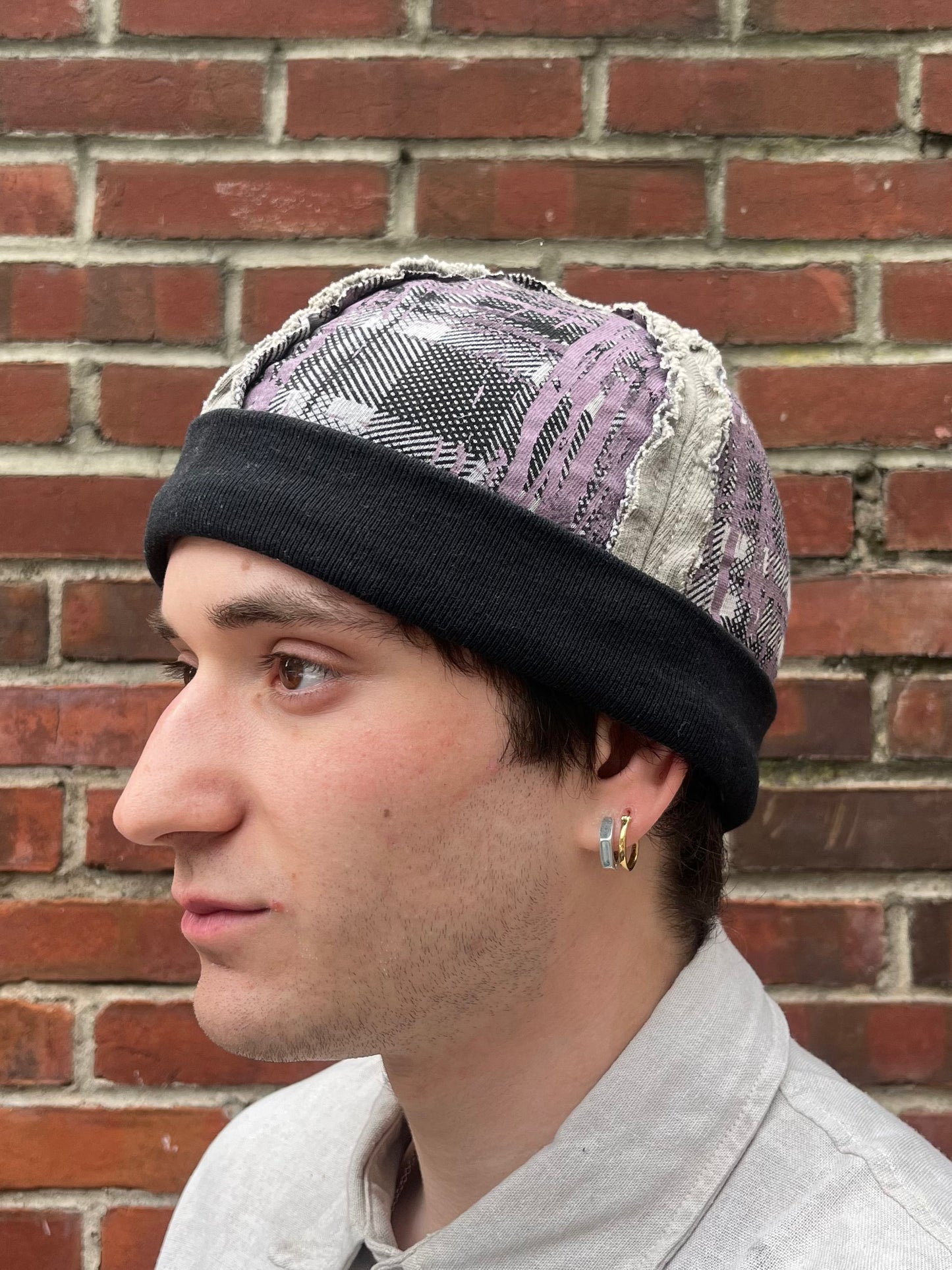 Crazy Plaid Knit Cap - Purple - Black Tea + Rust Dye