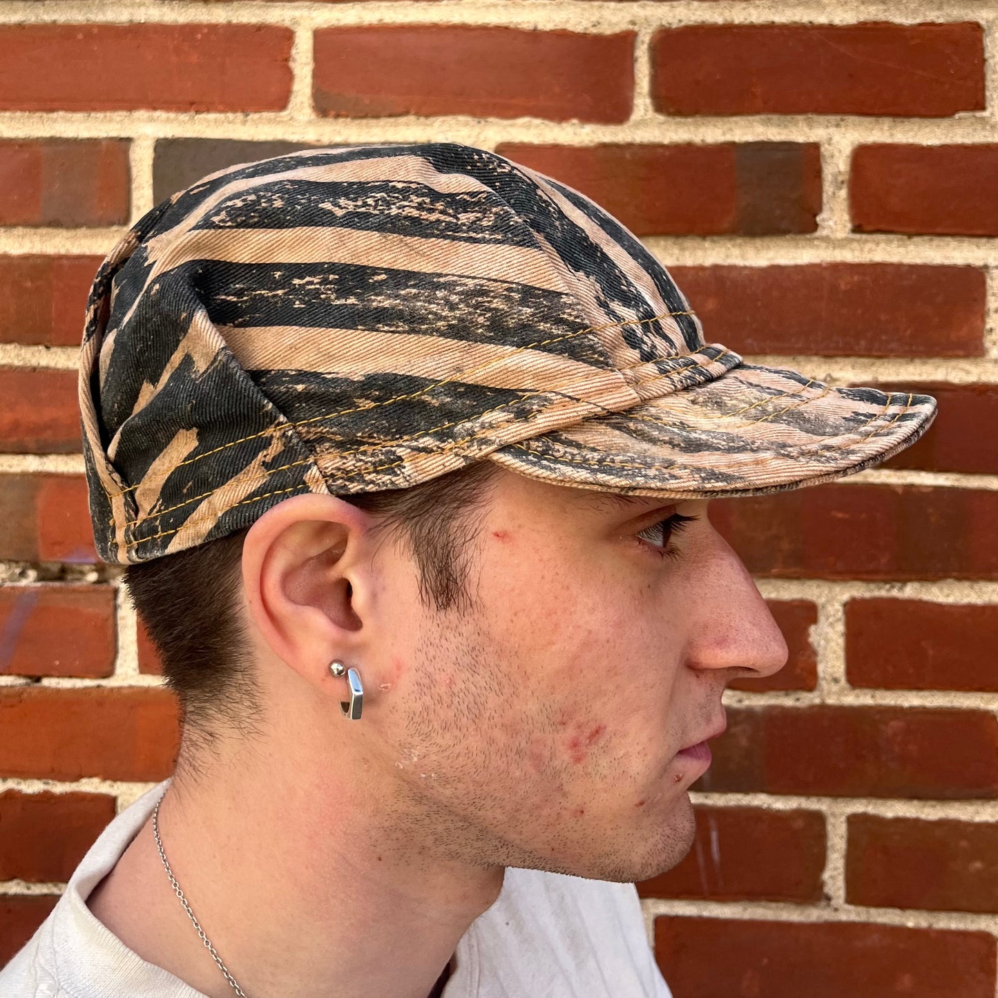 Pleated Mechanics Cap - Persimmon Dyed Stripe Denim