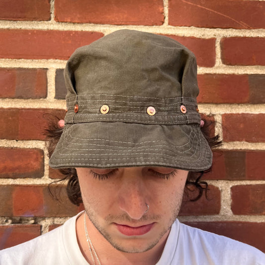 Pleated Mechanics Cap - Black Tea + Rust Dyed Cotton Ripstop, Copper Rivets