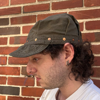 Pleated Mechanics Cap - Black Tea + Rust Dyed Cotton Ripstop, Copper Rivets