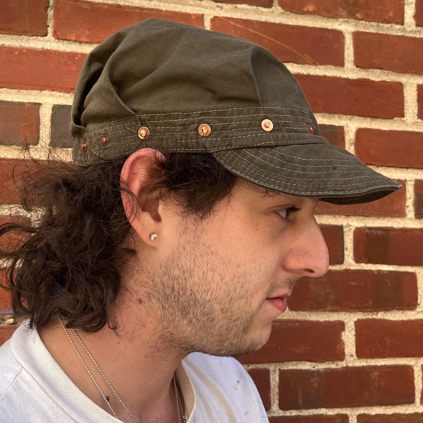 Pleated Mechanics Cap - Black Tea + Rust Dyed Cotton Ripstop, Copper Rivets